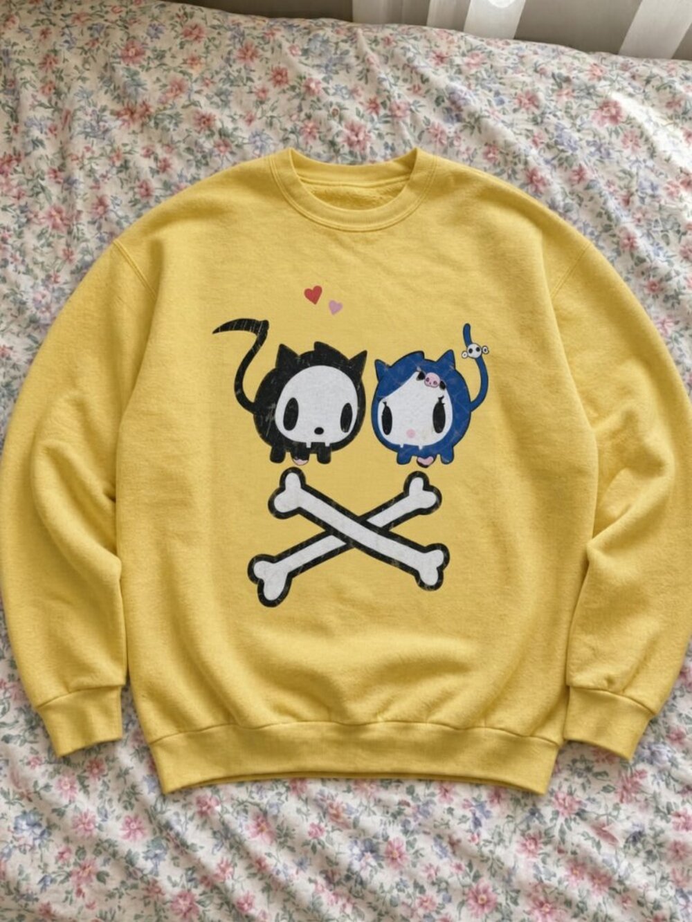 💛 Cute Skull Kitty Couple Crossbones Sweatshirt Yellow Kawaii Y2K Crewneck 🖤
